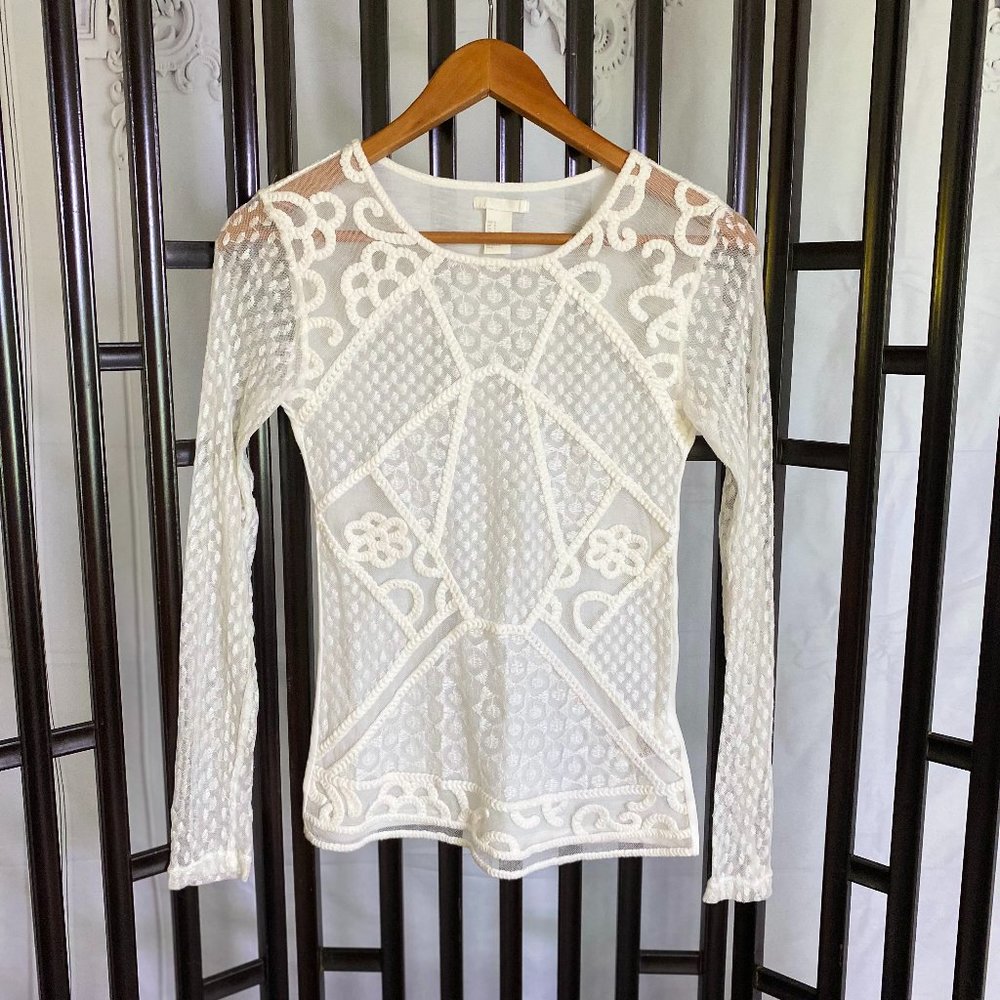 H&M White Mesh Embroidered Long Sleeve Top S